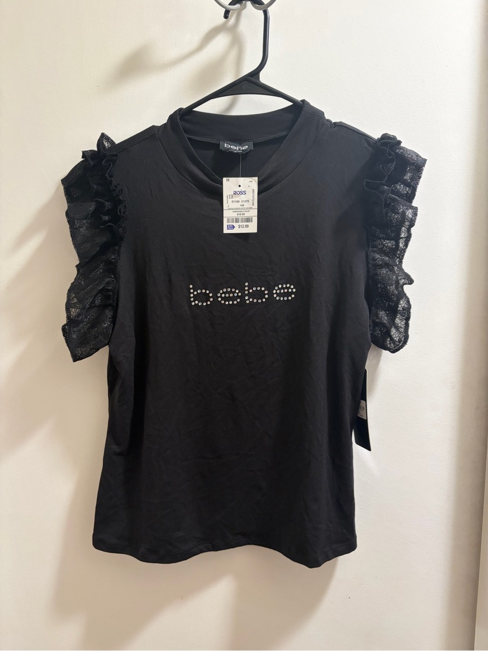bebe Black Short Sleeve Tee with Ruffle Lace Sleeves